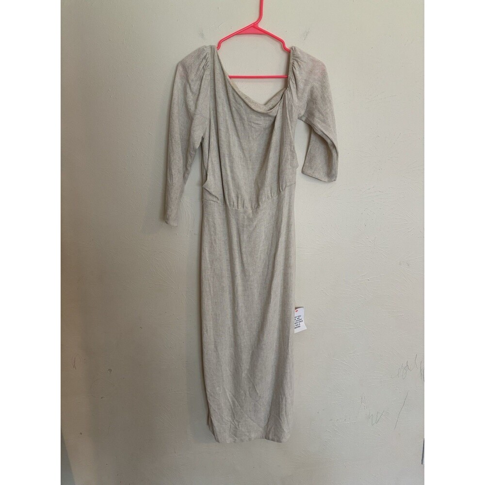New ASOS Woman's 6 Linen Dress Beigh Tan Midi Off Shoulder Asymmetrical Sleeve